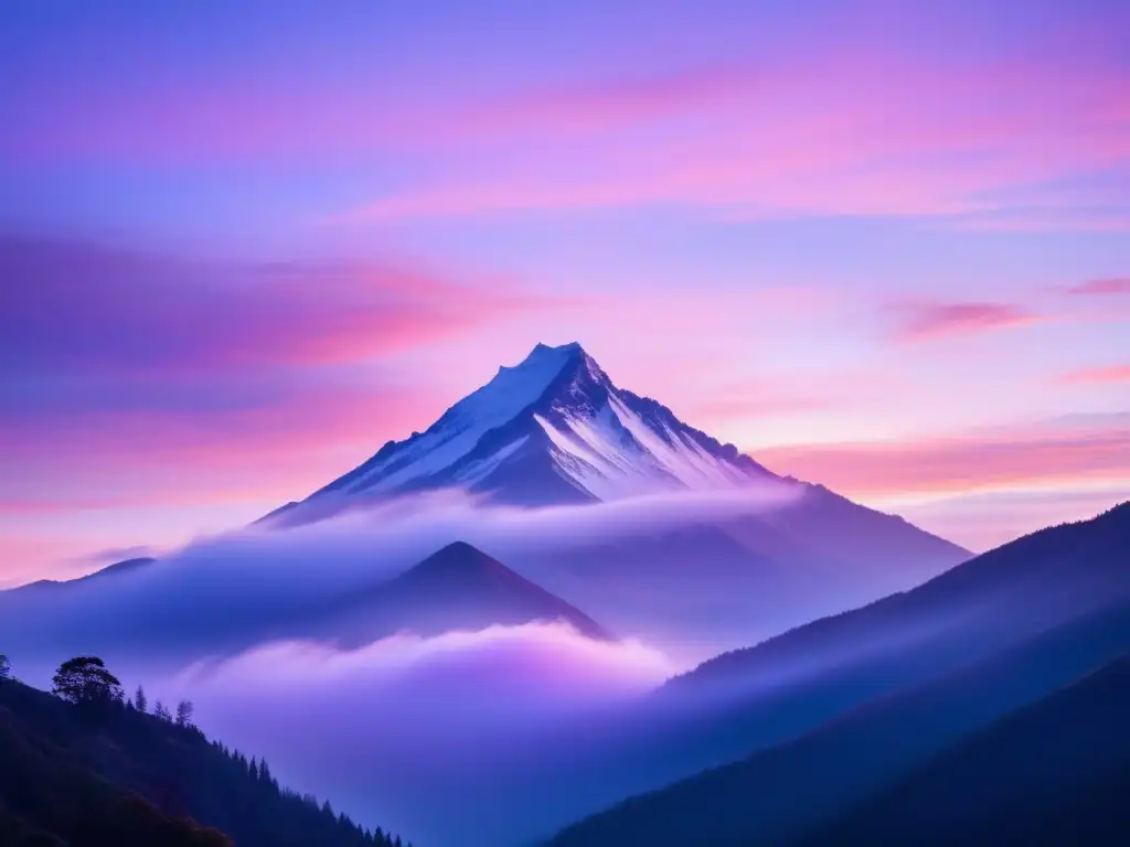 Vista impresionante de la cima neblinosa de una montaña al amanecer, con una cruz majestuosa y simbolismo histórico