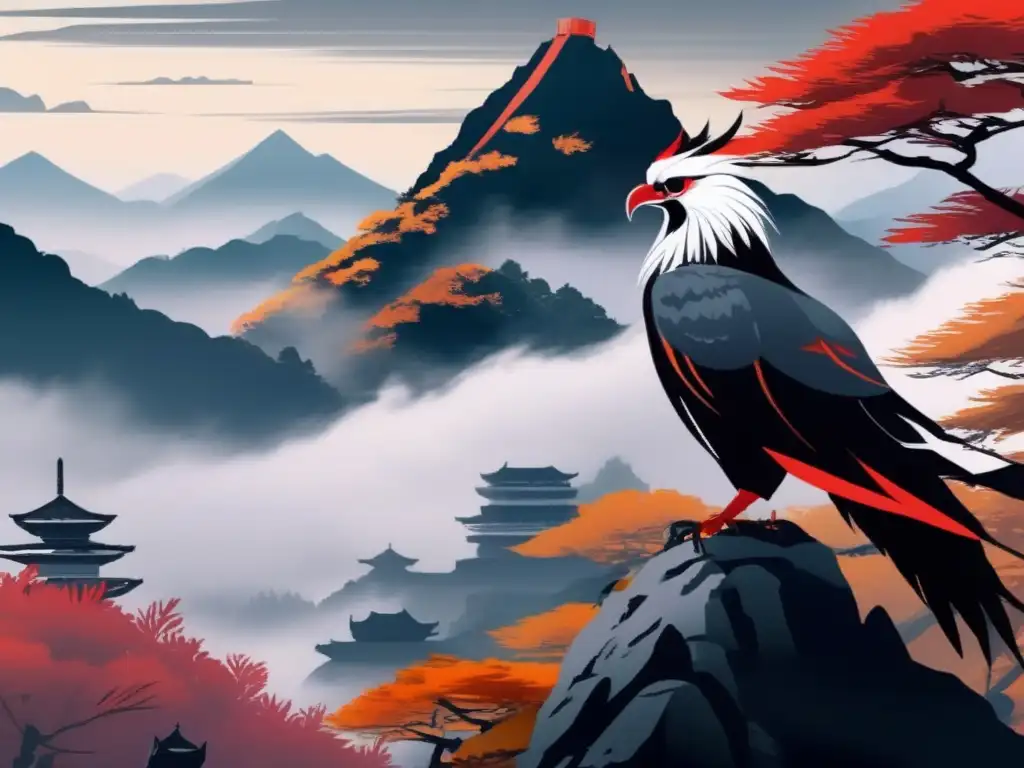 Influencia del Tengu en Japón: paisaje montañoso neblinoso con Tengu majestuoso y colores otoñales vibrantes en contraste