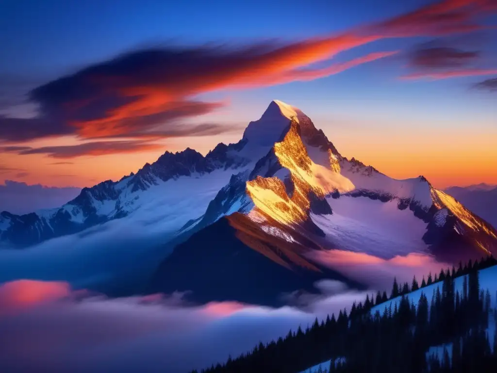 Espíritus montaña mitología tibetana, majestuosidad de la cumbre, atardecer vibrante