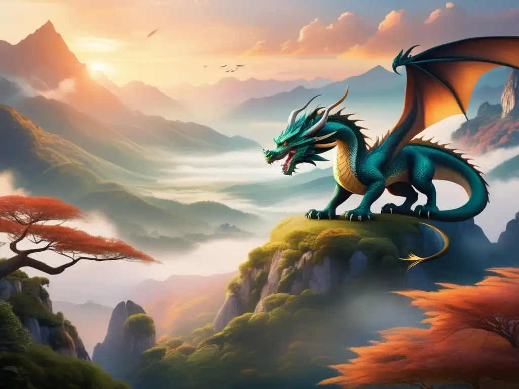 Paisaje montañoso con dragón: Relación sagrada dragones budismo