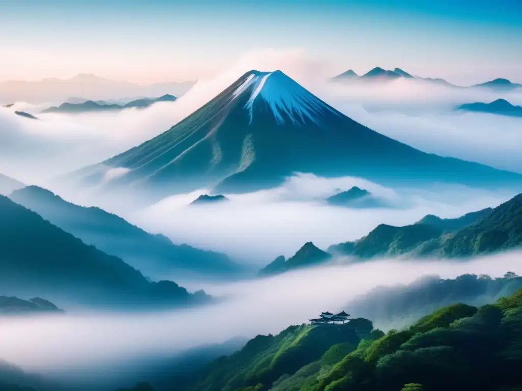 Paisaje místico de montañas nebulosas en Japón, con el Tengu y su influencia ancestral