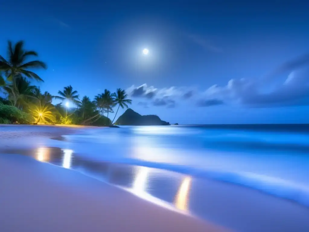 Sirenas del Caribe: Mitos y Leyendas - Playa caribeña iluminada por la luna, misteriosa y encantadora