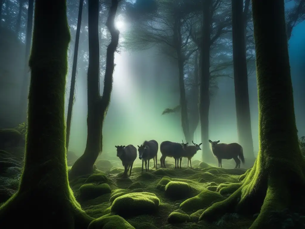 Criaturas mitológicas japonesas cambiaformas en un bosque místico de luna llena con árboles majestuosos y follaje vibrante