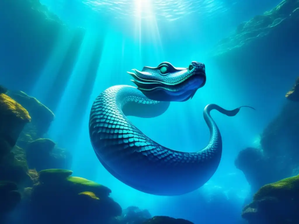 Naga, deidad acuática protectora en un mundo submarino místico con tesoro oculto