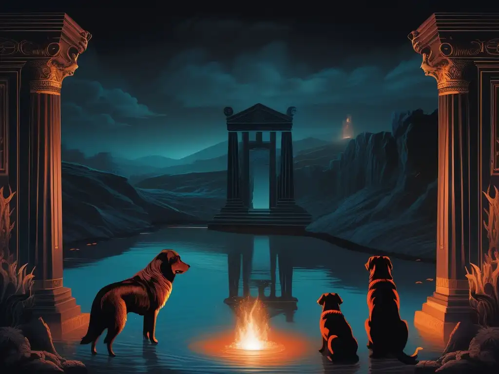 Criaturas mitológicas del inframundo en un paisaje oscuro y misterioso, con Cerberus, el río Styx y Hades