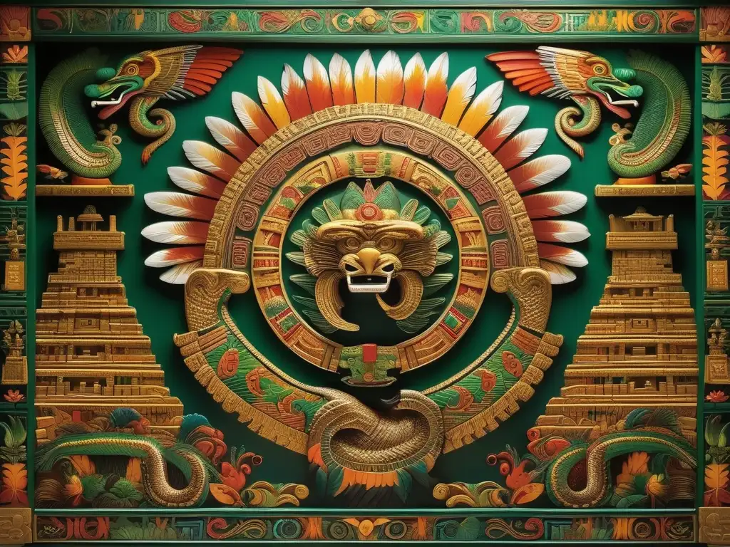 Mural mitológico azteca: Quetzalcóatl, dios serpiente, noche estrellada, seres celestiales