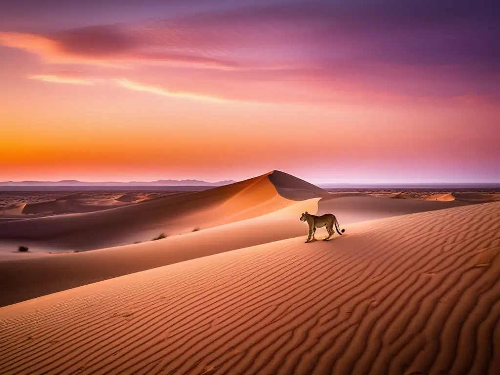 Criaturas mitológicas del Sahara al atardecer, con majestuosa leona en duna dorada