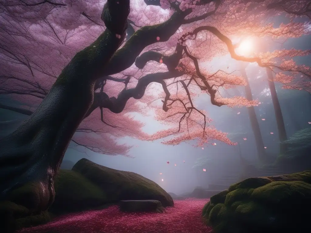 Místico bosque iluminado por la luna Influencia de criaturas mitológicas japonesas en misterioso bosque iluminado por la luna, con Kitsune y Obake