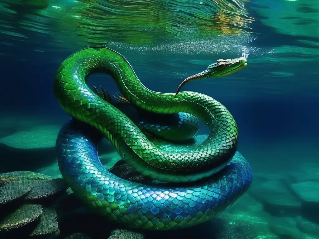 Mitología hindú: Naga, serpiente de agua sagrada en un paisaje etéreo y místico