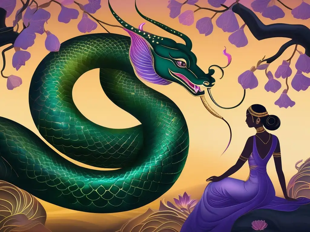 Hermoso jardín sereno con Nagini, serpiente cambiaformas de la mitología hindú, rodeando una flor de loto