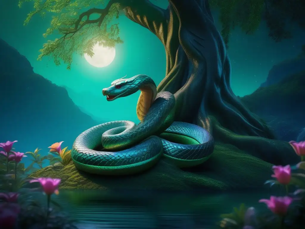 Mitología hindú: Nagini, serpiente cambiaformas en un paisaje místico con templos antiguos