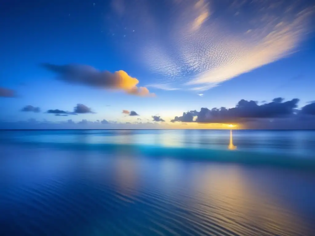 Monstruo marino mitología Nauru, paisaje etéreo de mar azul infinito, escamas iridiscentes y mirada cautivadora