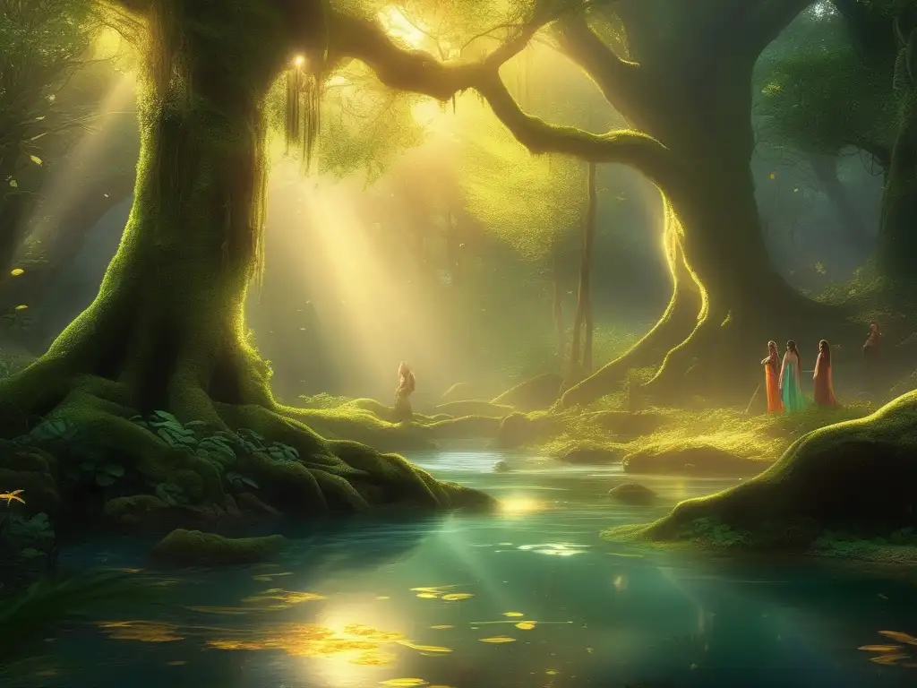 Tipos de ninfas mágicas en bosque encantado- Imagen de una escena serena y encantadora en un bosque místico, con ninfas acuáticas, de árbol y de prado