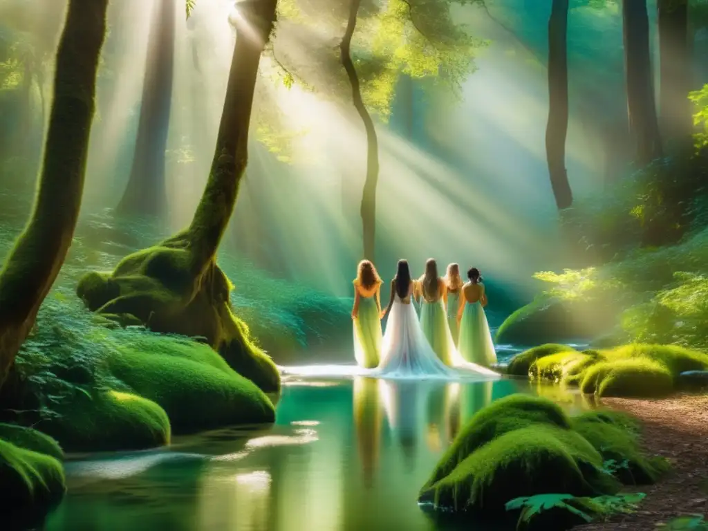 Ninfas en la mitología griega: escena mágica de bosque con serenas deidades danzando y flores silvestres