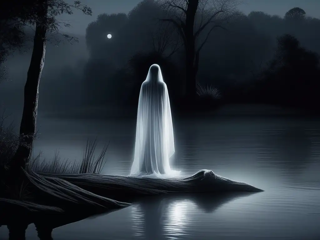 Leyenda Llorona río eternidad: noche brumosa, figura blanca velada, misterio y anhelo eterno