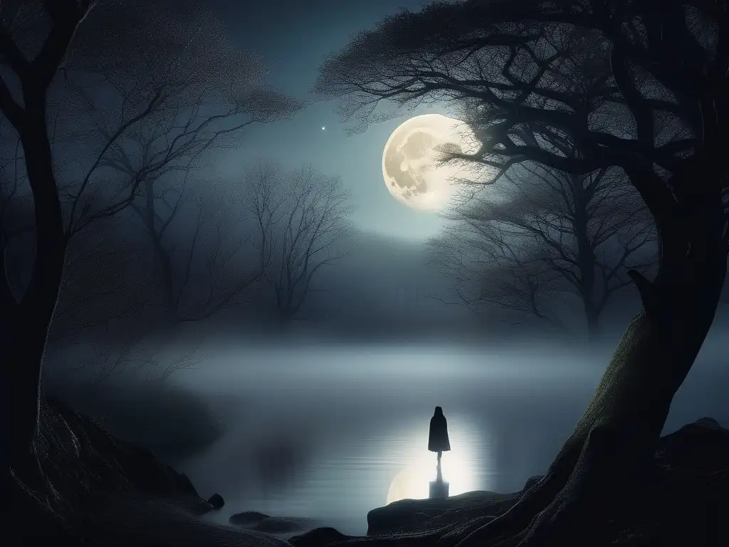 Criaturas mitológicas nocturnas y la luna: La Llorona emerge en un bosque iluminado por la luna, su presencia enigmática invita a explorar