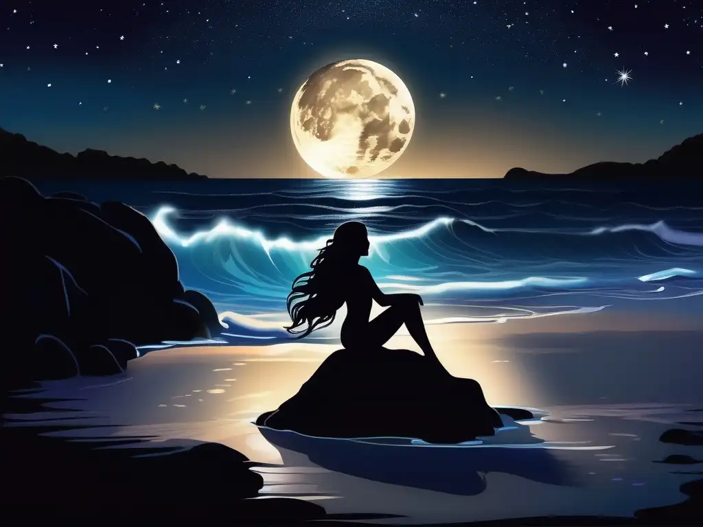 Playa nocturna con sirena: Mitología nocturna criaturas misteriosas