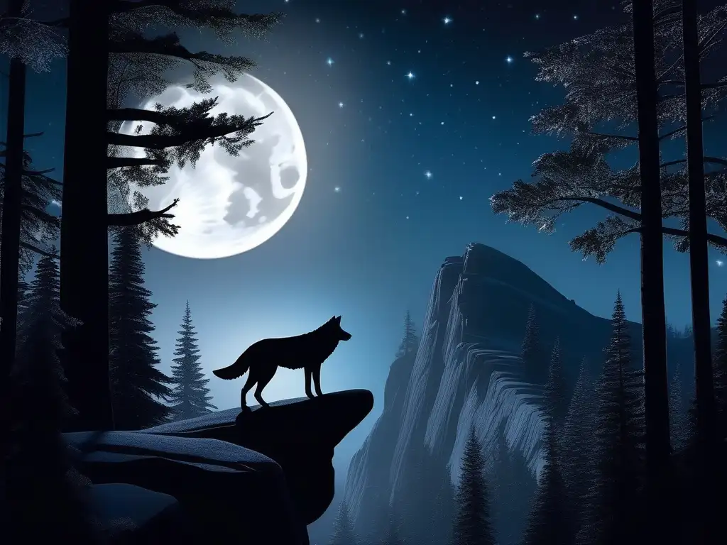 Simbolismo lobo luna literatura fantasía: Noche estrellada con lobo plateado y flores mágicas