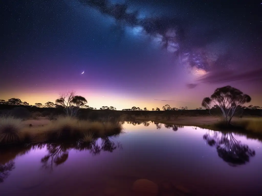 Mitología Australiana Dioses Sol Luna, paisaje nocturno etéreo y misterioso con estrellas, luna llena y formaciones rocosas antiguas