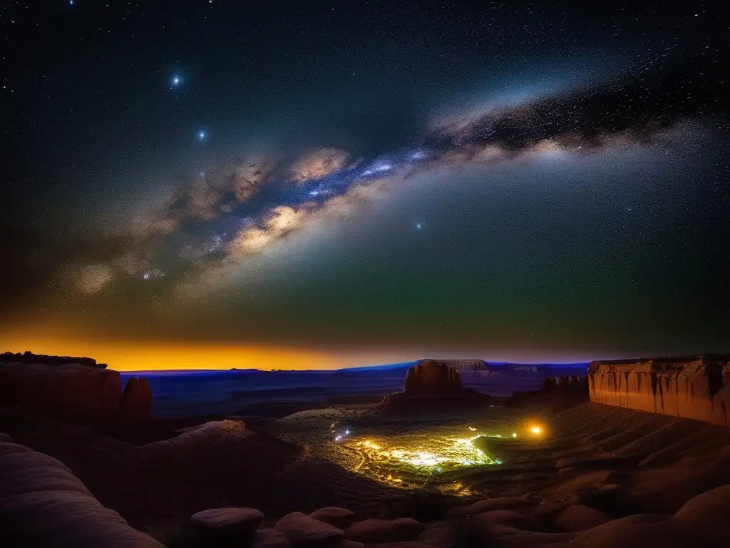 Leyenda estrellas cultura Hopi: Noche estrellada sobre las mesas Hopi, con la Vía Láctea en el horizonte, creando una atmósfera mágica y etérea