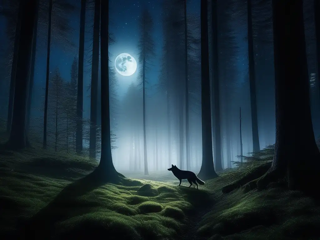 Leyendas de lobos y mitología lunar: Bosque nocturno iluminado por la luna, árboles altos, niebla y un lobo aullando