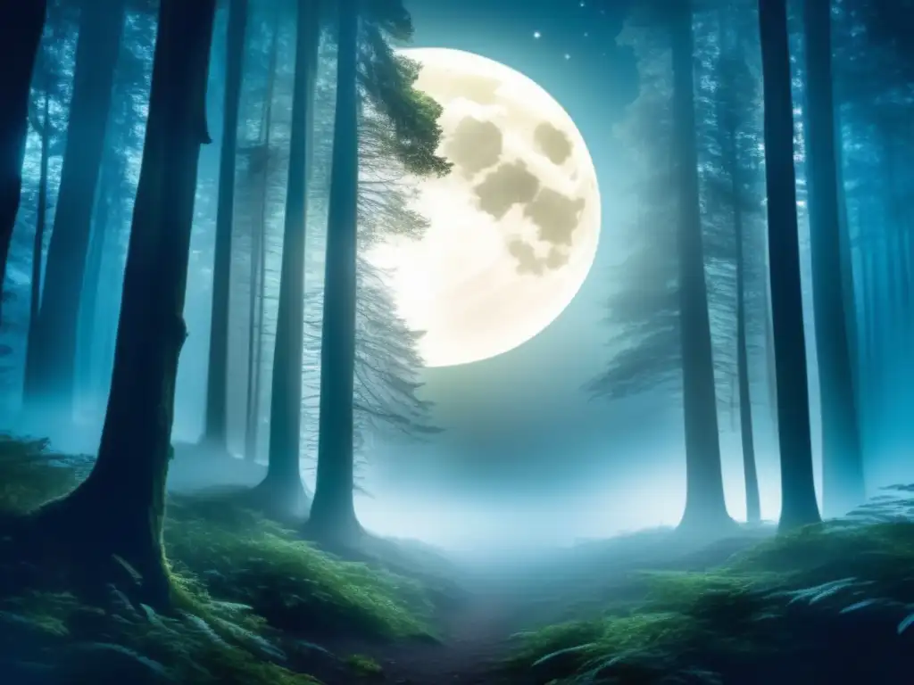 Criaturas nocturnas y la luna en un bosque misterioso