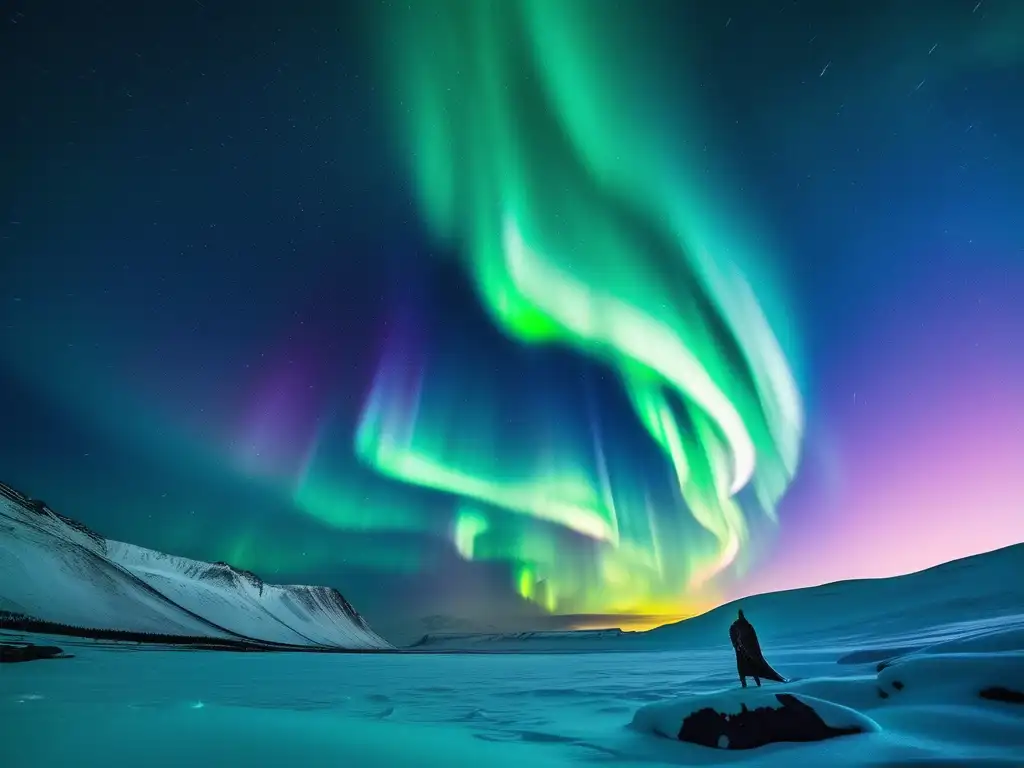 Relato Nórdico de Odín y los Gigantes de Hielo - Paisaje congelado iluminado por la Aurora Boreal, donde Odín enfrenta a los gigantes de hielo