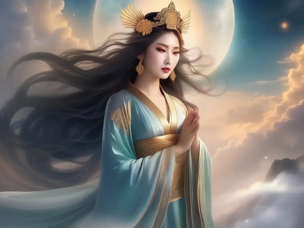 Diosa cambiaformas Nüwa, mitología china, celestial y etérea, radiante y sabia, vestida en nubes