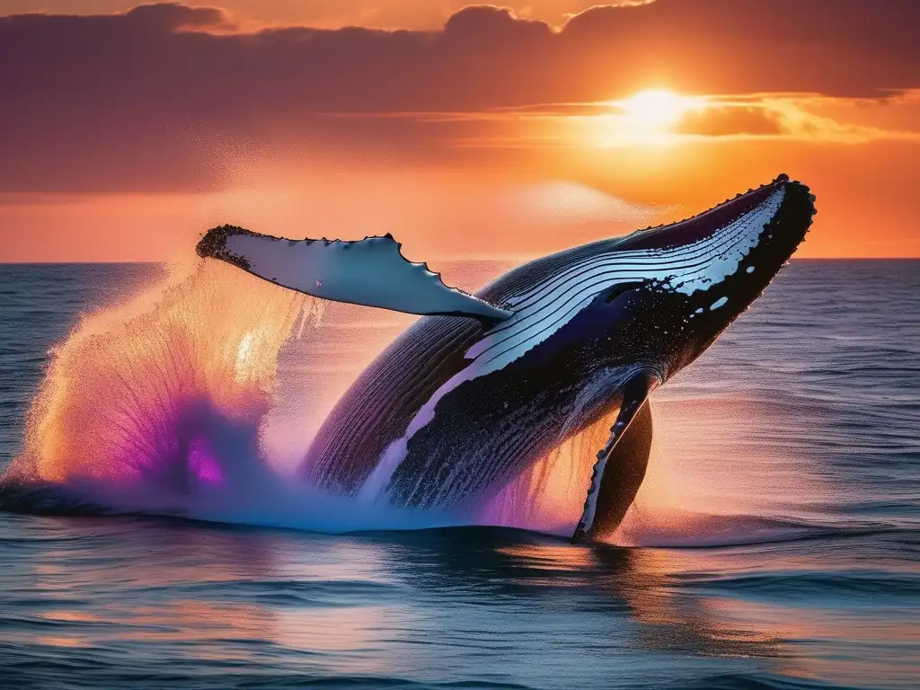 Océano al atardecer con ballena, peces y criaturas marinas mitología maorí