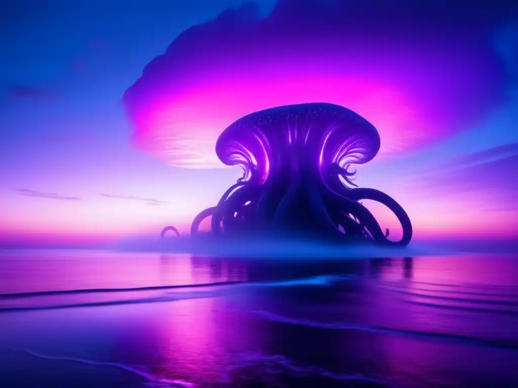 Origen y mitología del Kraken en el océano mágico al atardecer