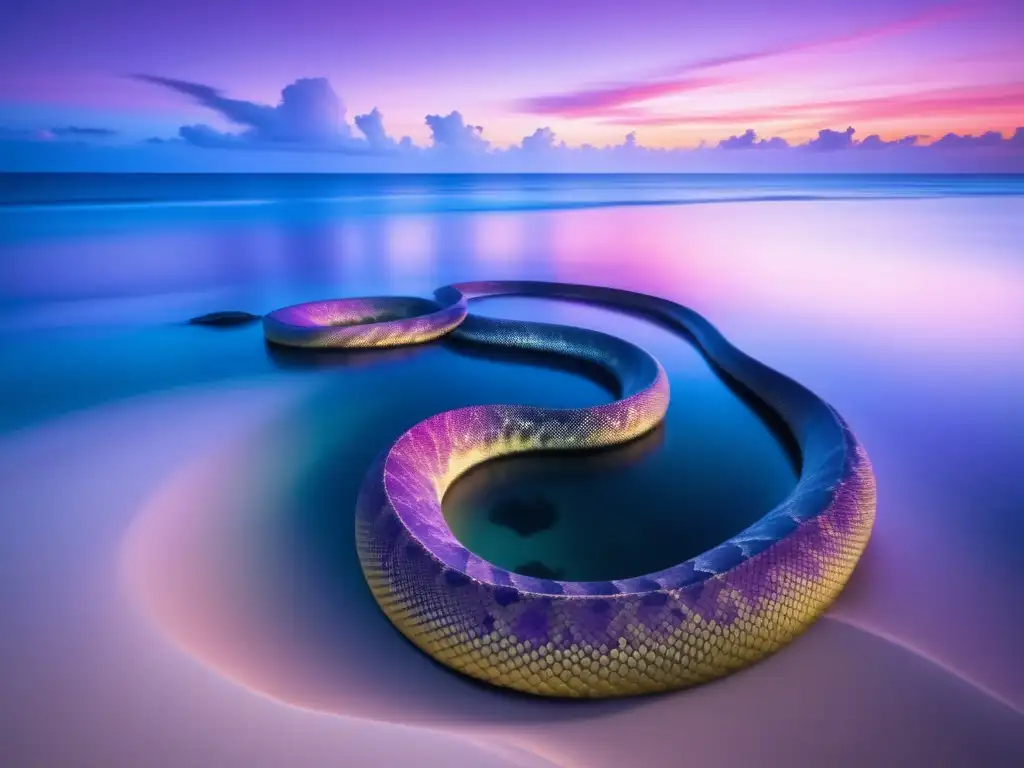 Criaturas míticas de Micronesia en un océano sereno al atardecer, con colores rosa, morado y dorado en el cielo