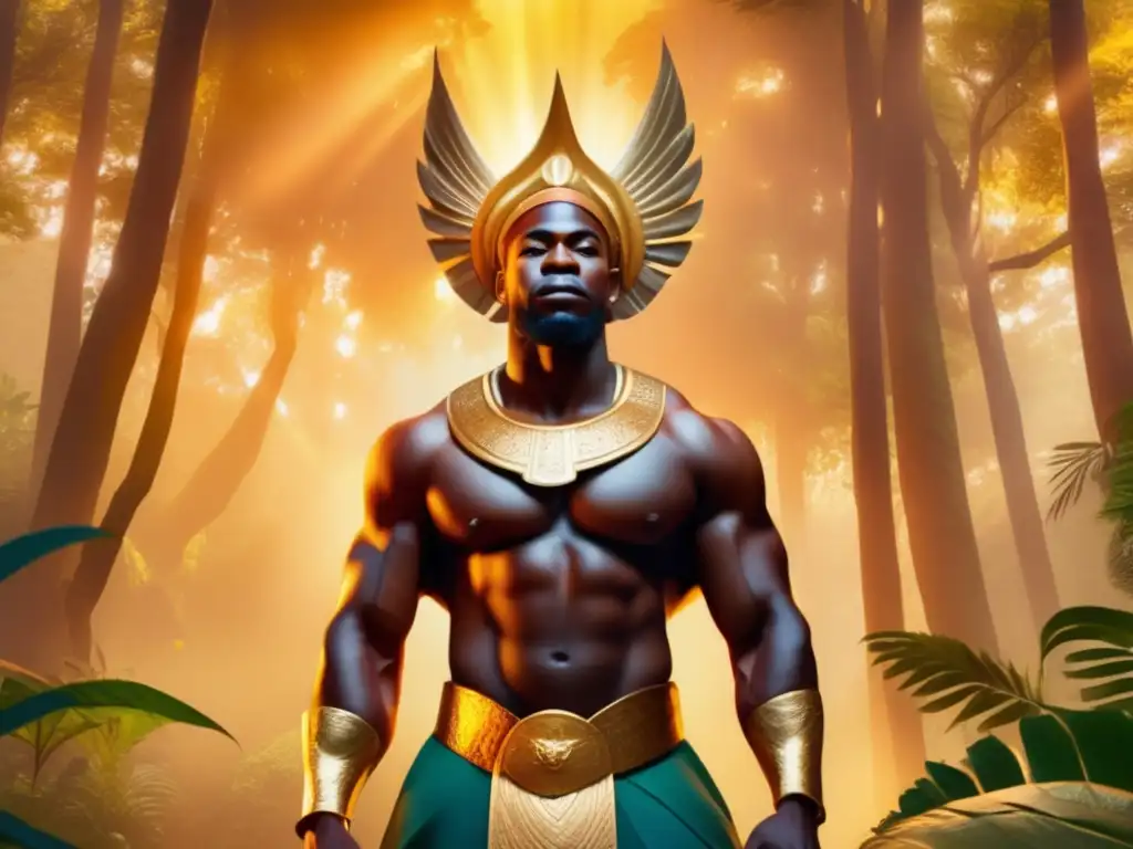 Mitología yoruba: Orishas en un bosque místico, Changó, Oshún y Ogún, poderosos y cautivadores