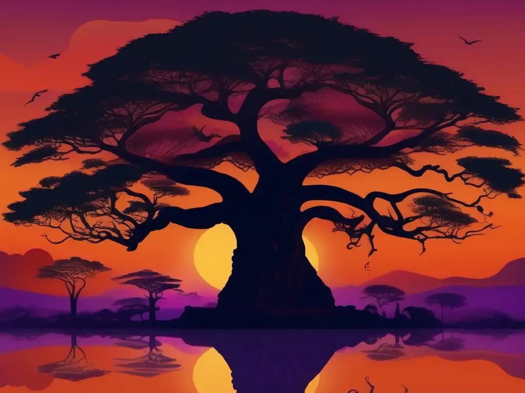 Paisaje africano al atardecer con baobab y guardianes secretos de mitología africana