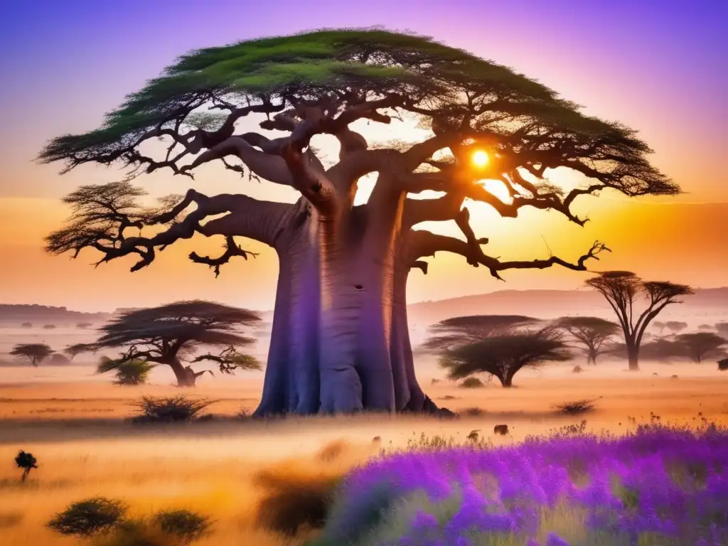 Paisaje africano con baobab y animales: Espíritus naturaleza guardianes silenciosos mitología Africana