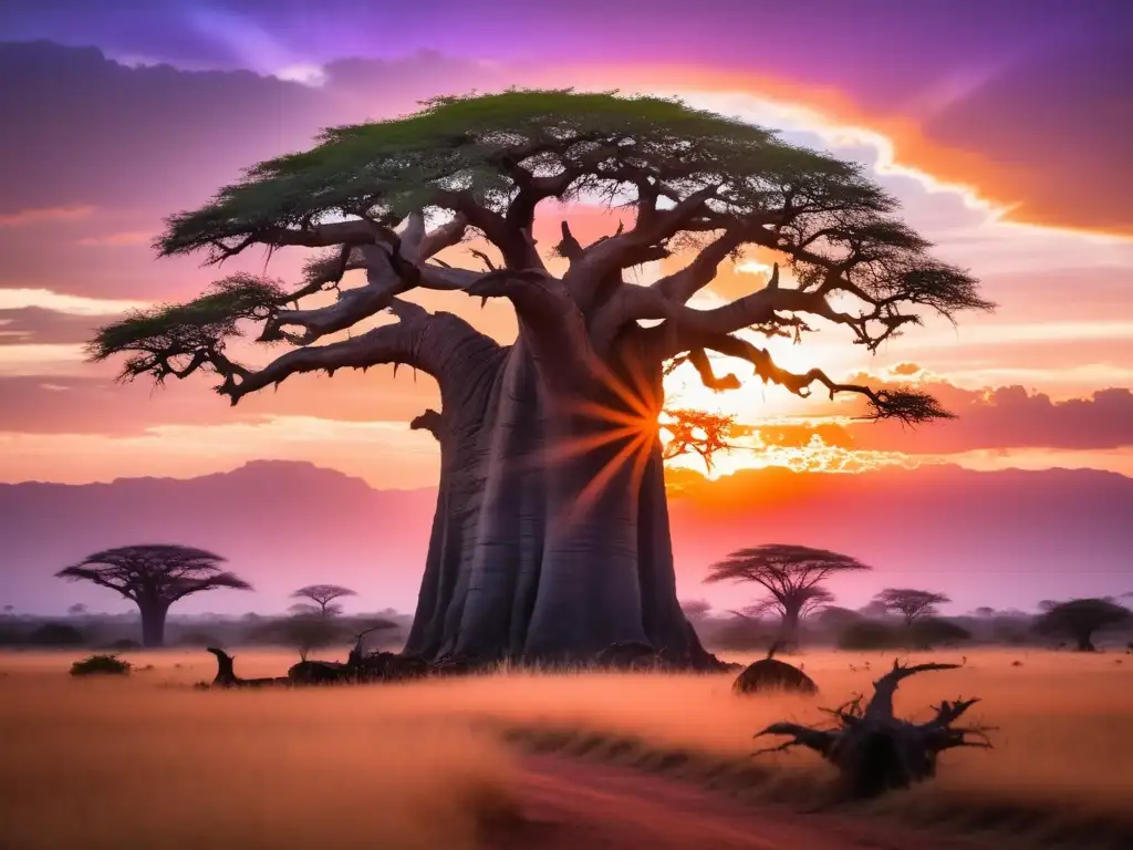 Paisaje africano al atardecer con árbol baobab, serpiente y criaturas mitológicas africanas fascinantes