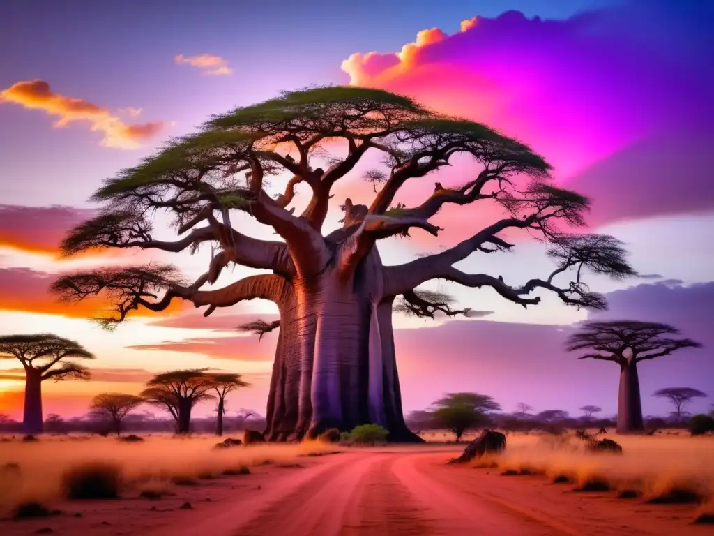 Paisaje africano al atardecer con árbol baobab, espíritus guía y animales silueteados