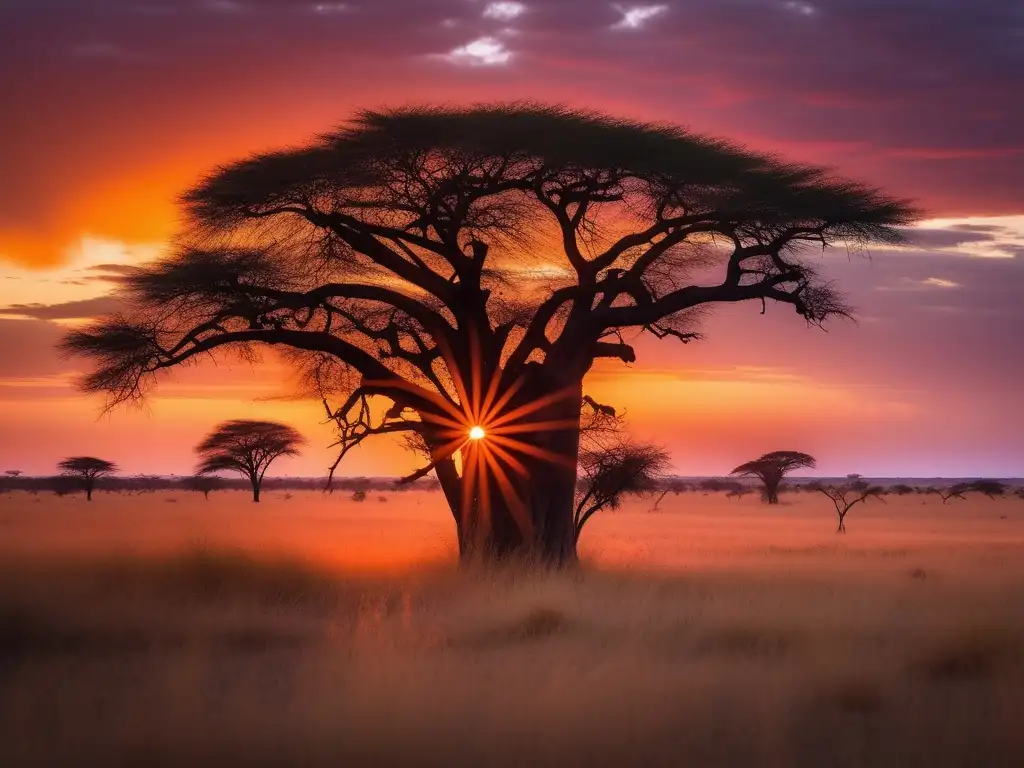 Paisaje africano al atardecer con deidades del inframundo