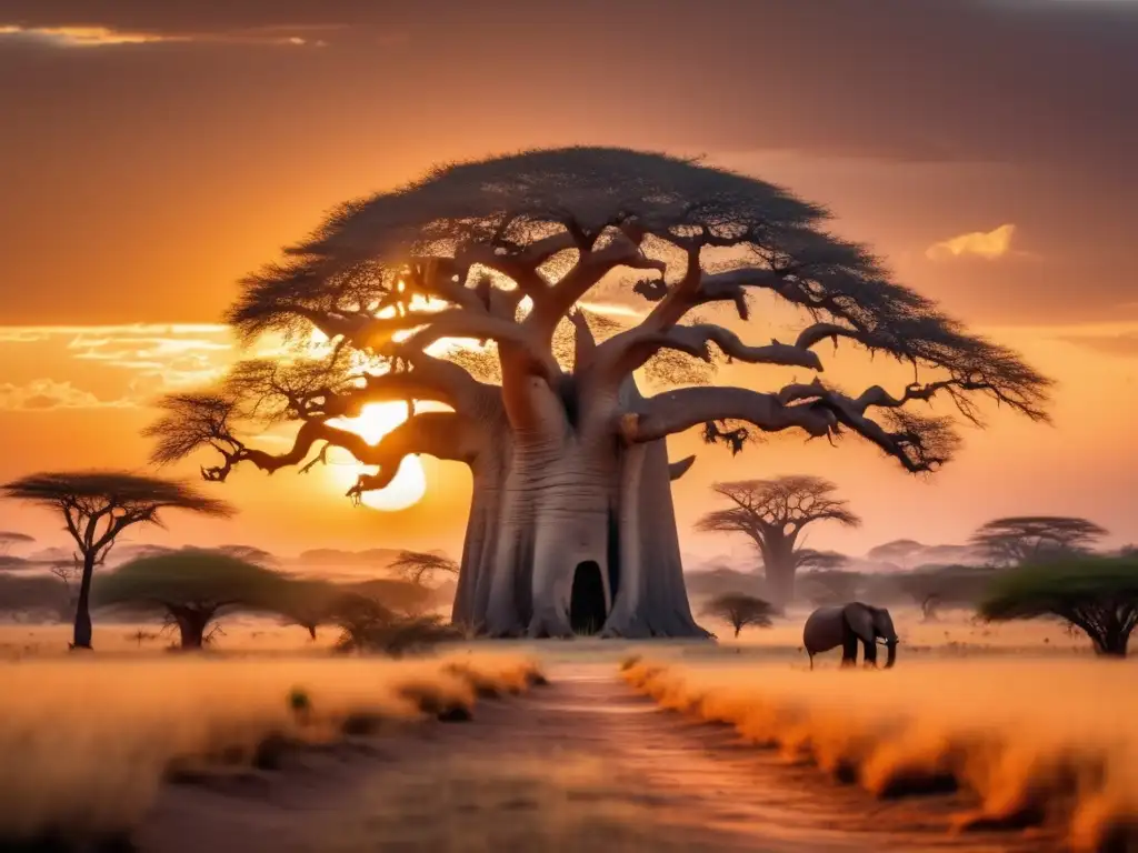 Paisaje africano al atardecer con Baobab y espíritus de la naturaleza