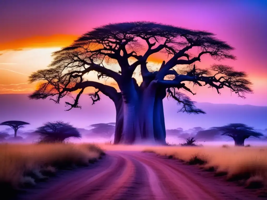 Espíritus guía tradición africana: paisaje africano al atardecer con Baobab y animales