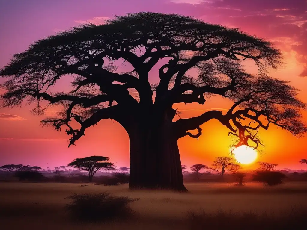 Paisaje africano al atardecer con árbol baobab, río sereno, aldea ancestral y deidades del inframundo en África