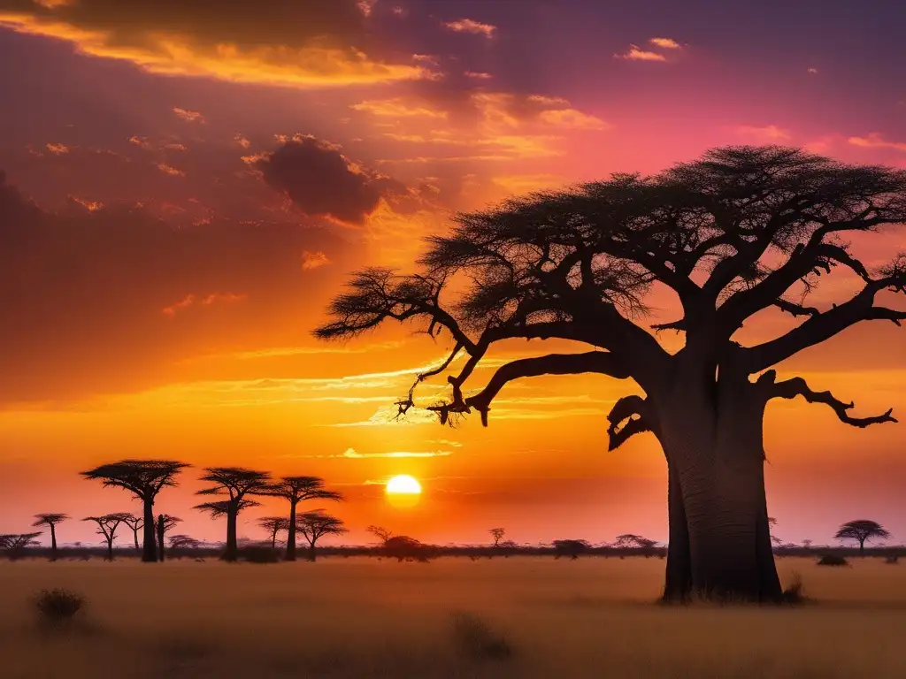 Paisaje africano al atardecer con una vasta sabana y majestuosos baobabs, fusionado con influencia de criaturas ancestrales africanas en el arte