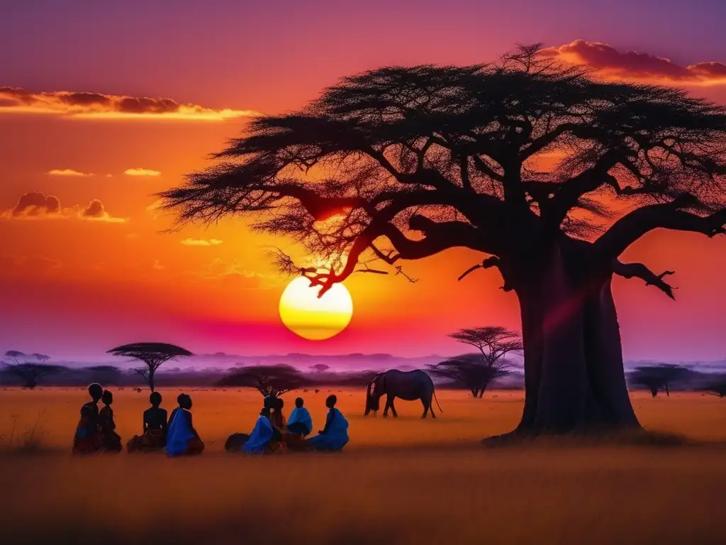 Paisaje africano al atardecer con protectores de sueños de la cultura africana