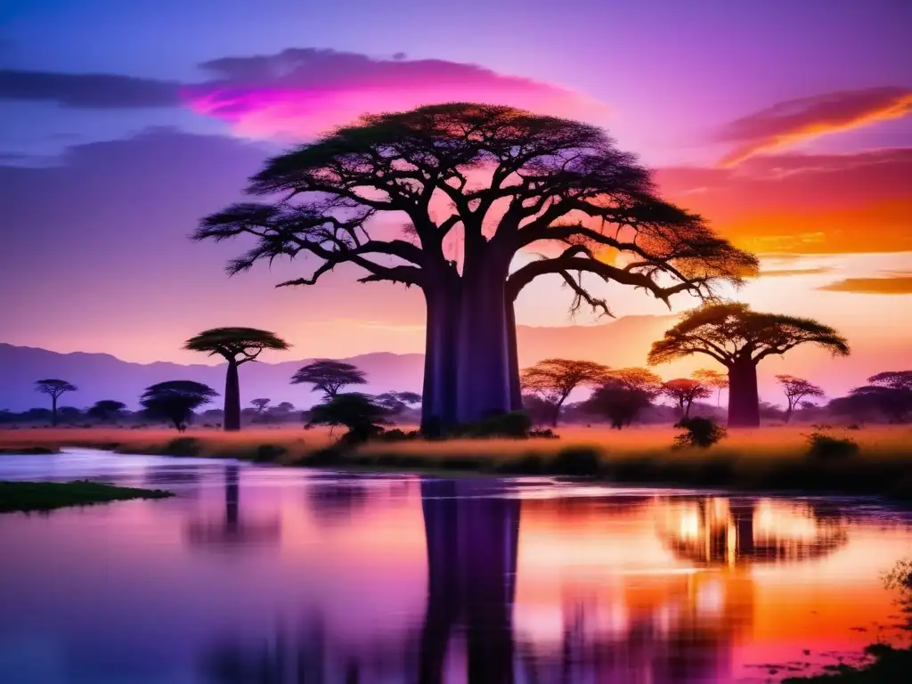 Paisaje africano al atardecer con baobabs, río y espíritus de la naturaleza