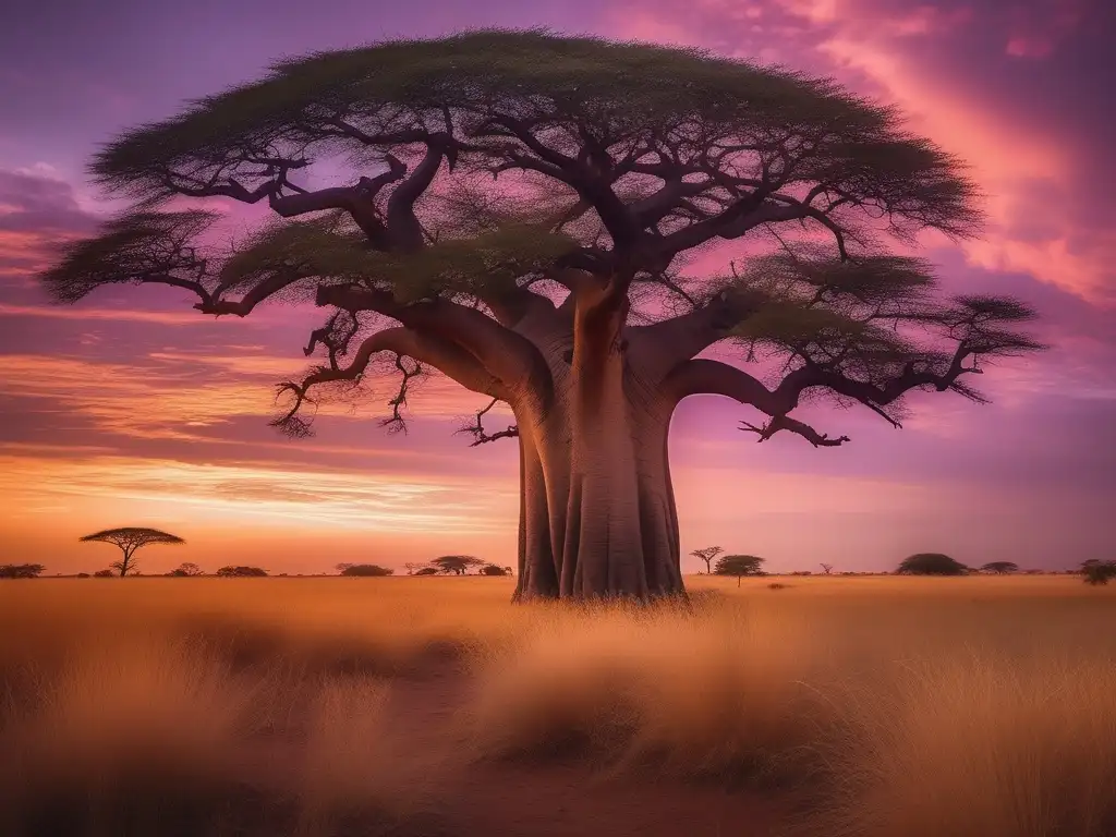 Paisaje africano al atardecer con criaturas mitológicas: fascinante imagen que captura la belleza mística y la rica mitología de África