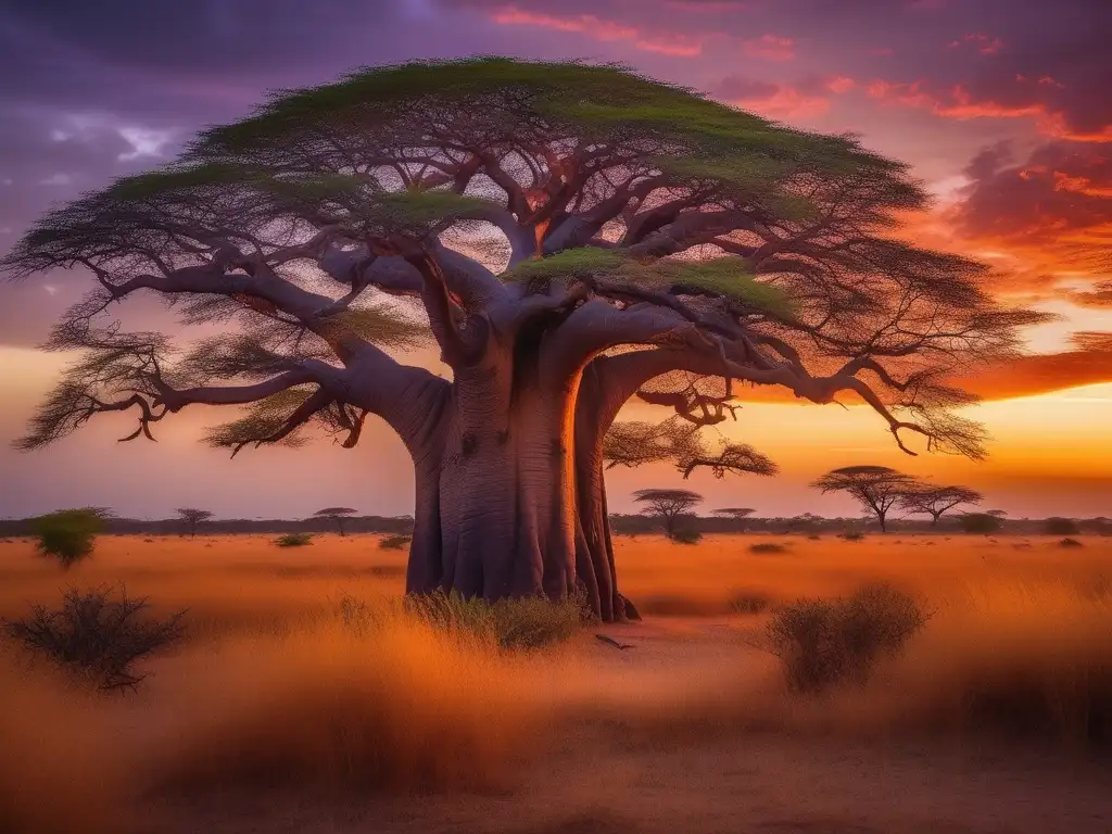 Paisaje africano al atardecer con espíritus de la naturaleza y mitología africana