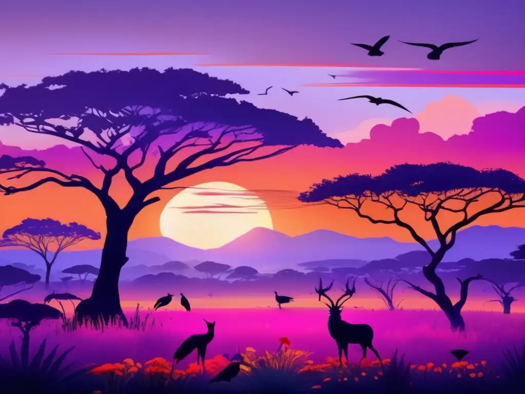 Paisaje africano al atardecer con espíritus de la naturaleza en la mitología africana revelados