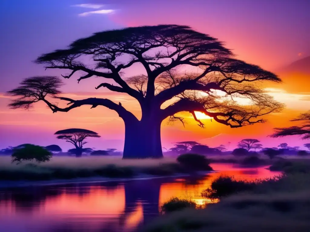 Paisaje africano al atardecer con árboles baobab y río mágico - Espíritus venerados Mitología Africana