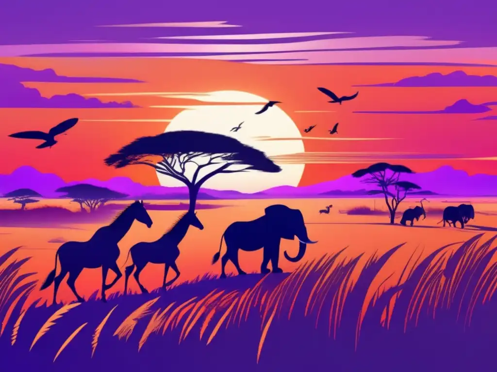 Paisaje africano al atardecer con criaturas ancestrales, representación cinematográfica