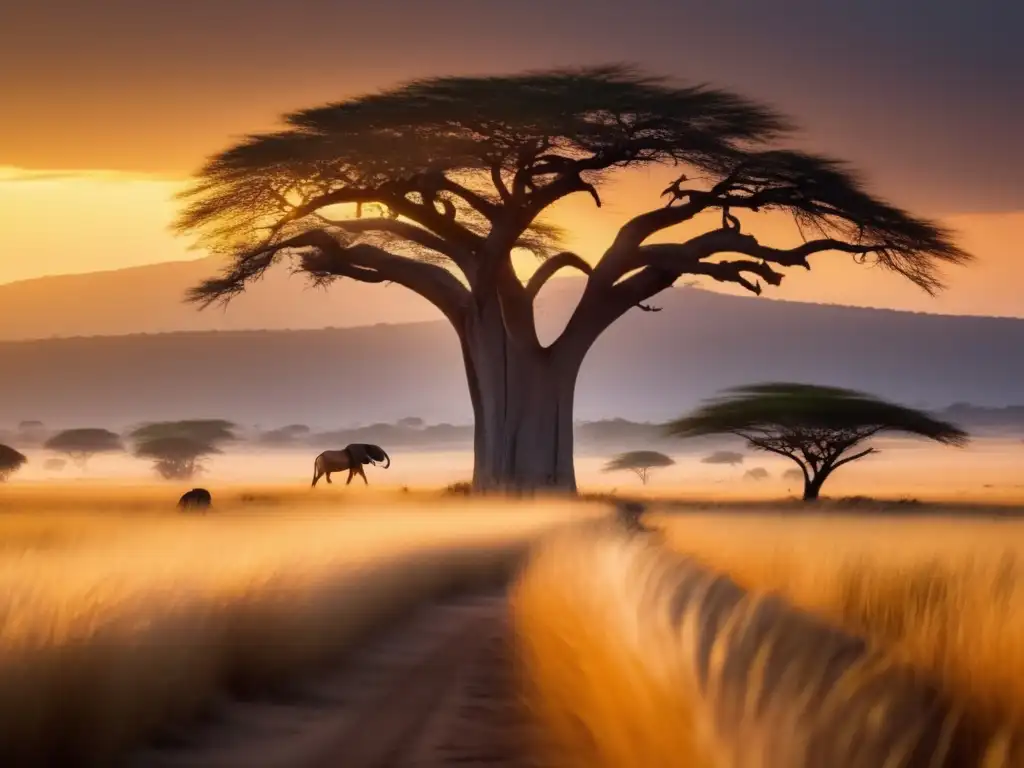 Paisaje africano al atardecer con baobab: Espíritus guía en la tradición africana