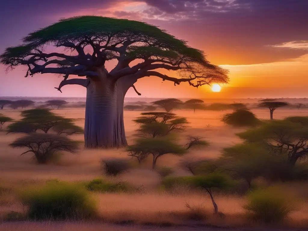 Bendiciones mitológicas poderosas en un paisaje africano encantador al atardecer con un árbol de Baobab y deidades divinas